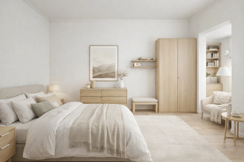 Дизайн спальни в стиле Сканди — фото интерьера от нейросети RoomGPT