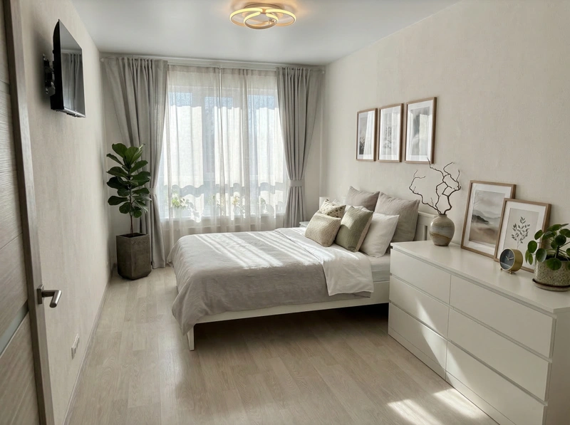 Дизайн спальни в стиле Сканди — фото интерьера от нейросети RoomGPT