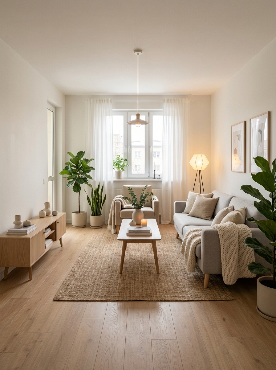 Дизайн гостиной в стиле Хюгге — фото интерьера от нейросети RoomGPT