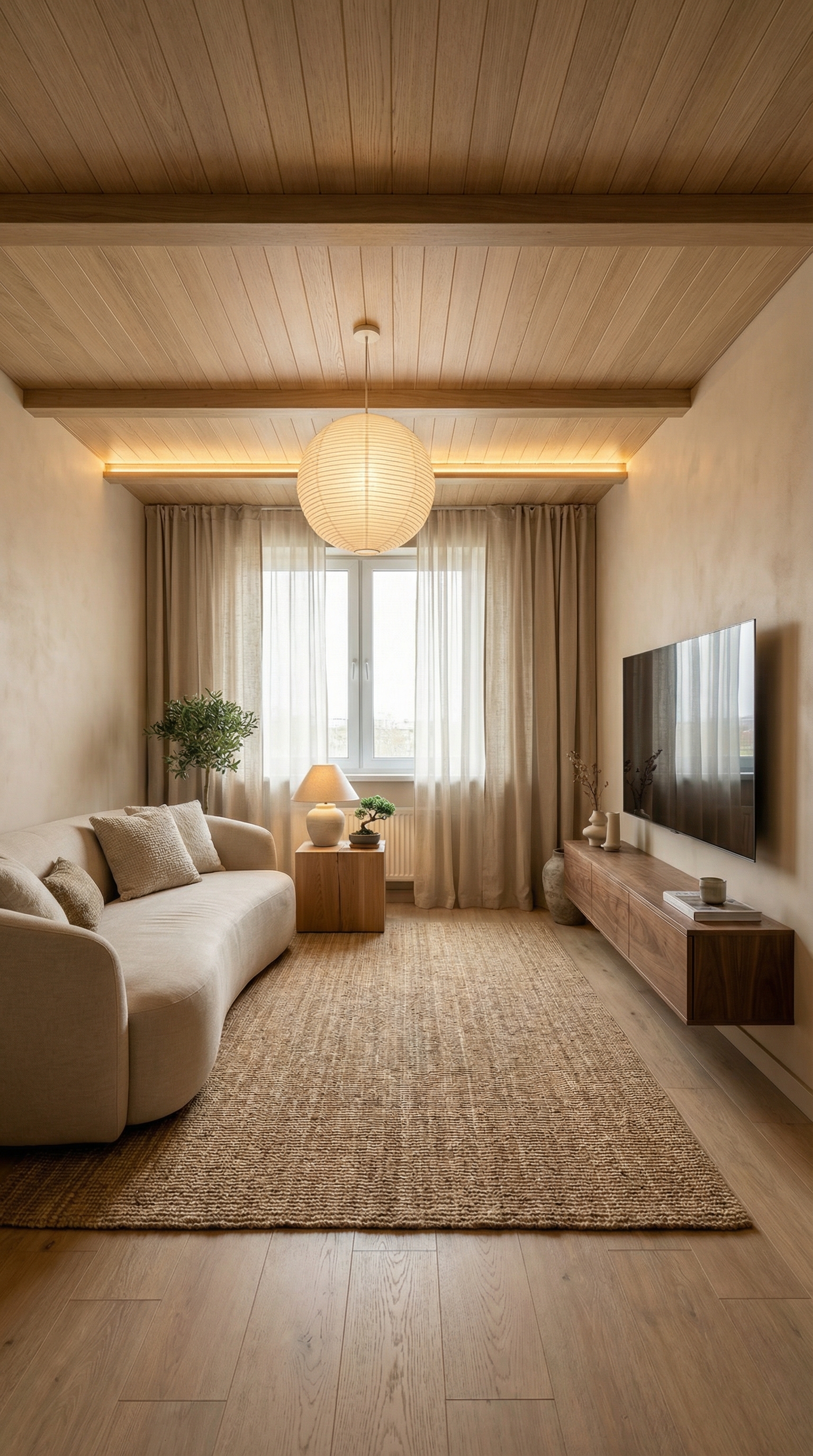 Дизайн гостиной в стиле Japandi — фото интерьера от нейросети RoomGPT