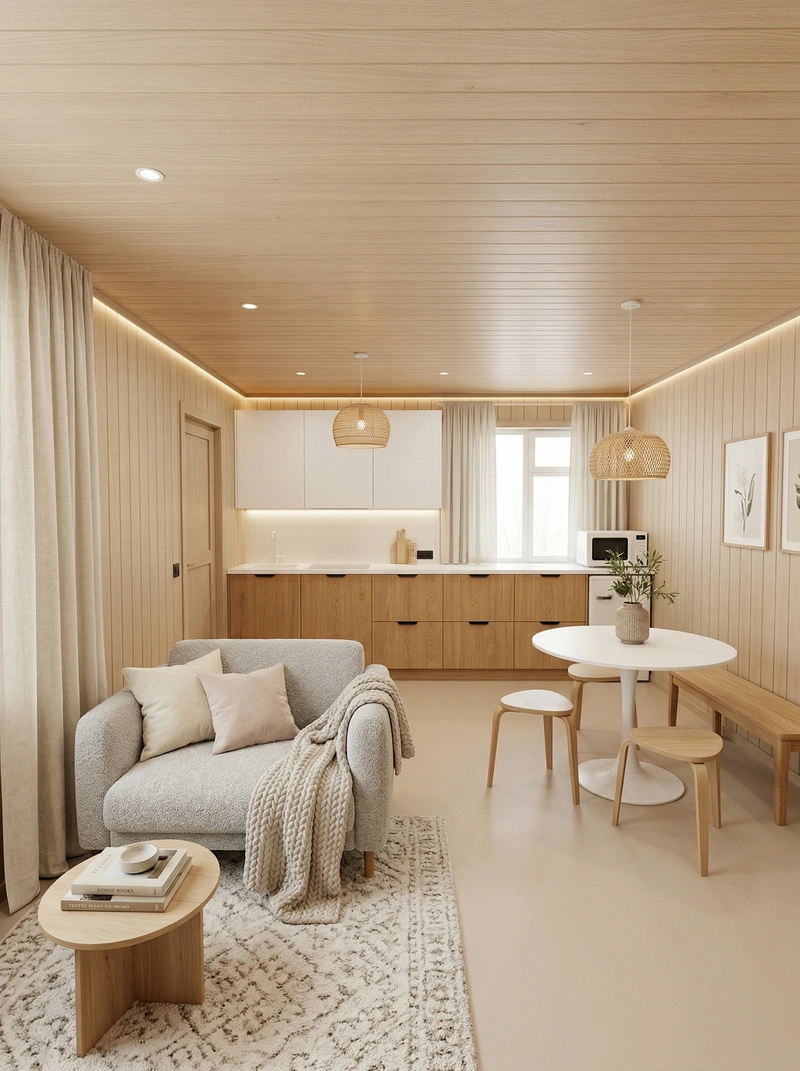 Дизайн гостиной в стиле Хюгге — фото интерьера от нейросети RoomGPT