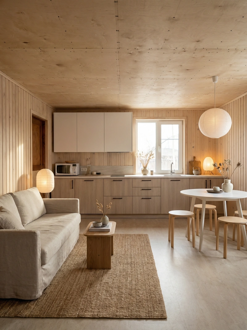 Дизайн гостиной в стиле Japandi — фото интерьера от нейросети RoomGPT