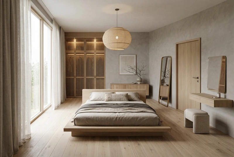 Дизайн спальни в стиле Japandi — фото интерьера от нейросети RoomGPT