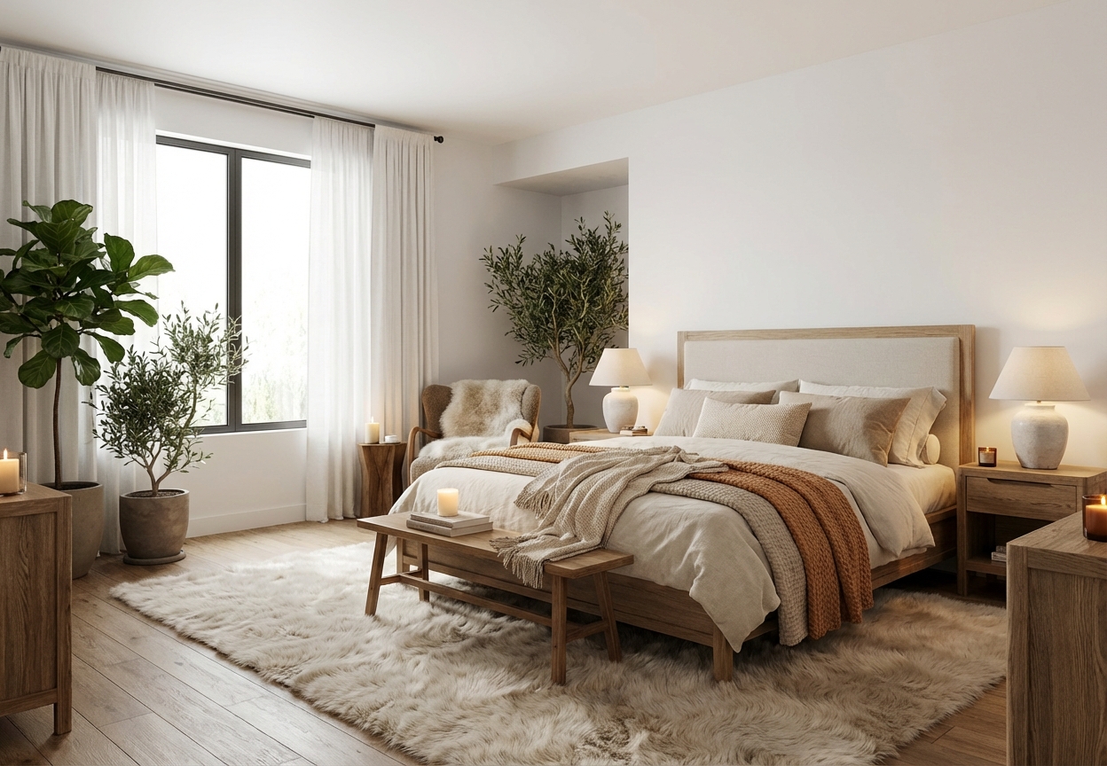 Дизайн спальни в стиле Хюгге — фото интерьера от нейросети RoomGPT