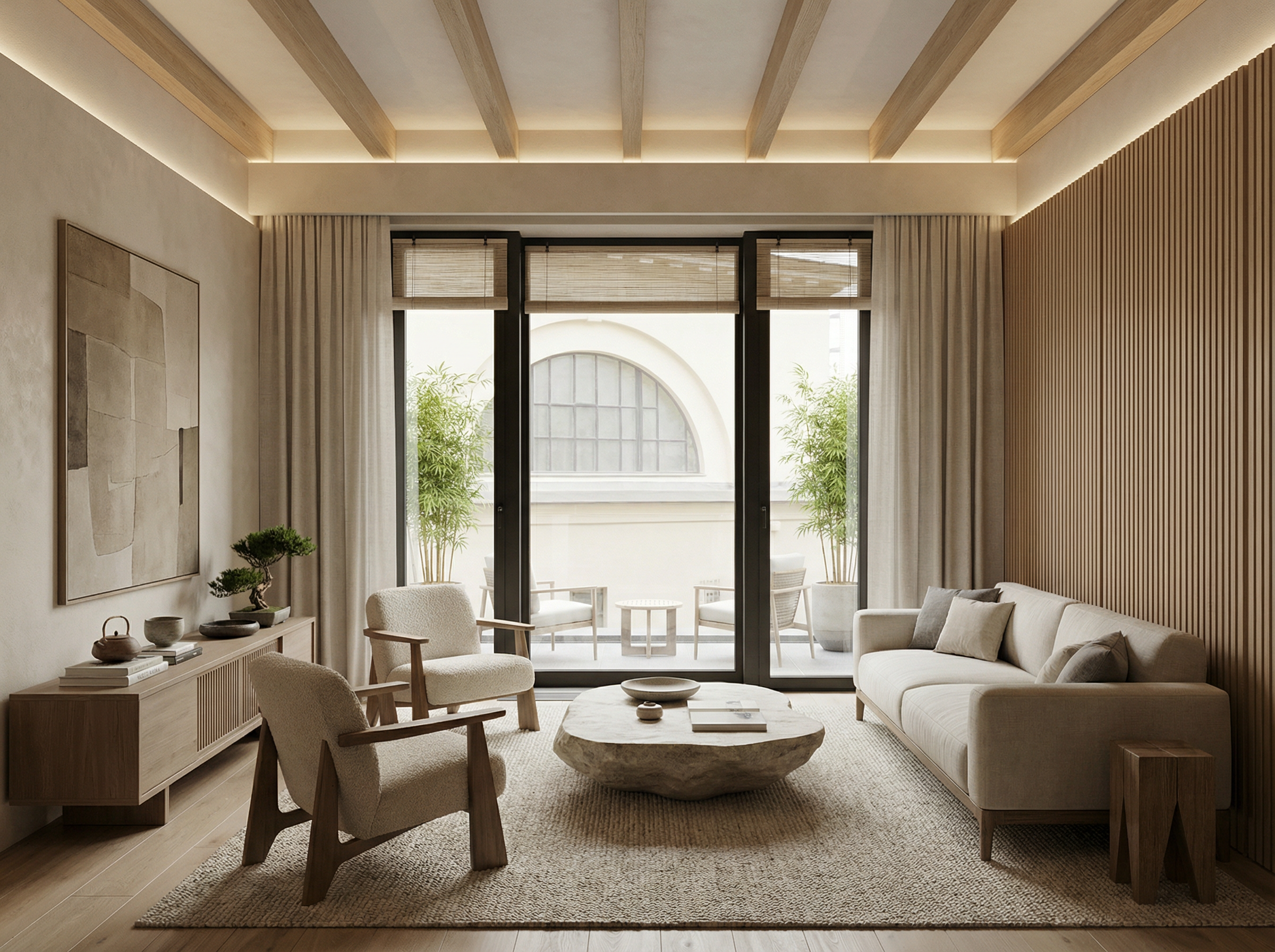 Дизайн гостиной в стиле Japandi — фото интерьера от нейросети RoomGPT