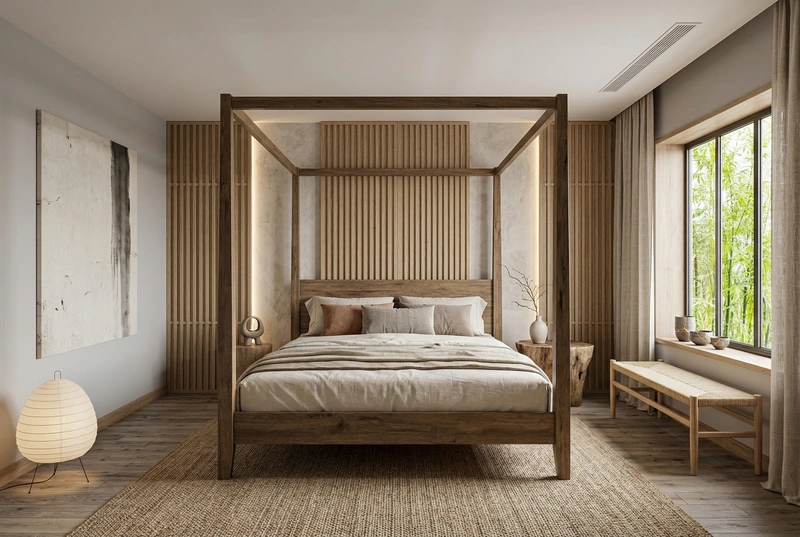 Дизайн спальни в стиле Japandi — фото интерьера от нейросети RoomGPT
