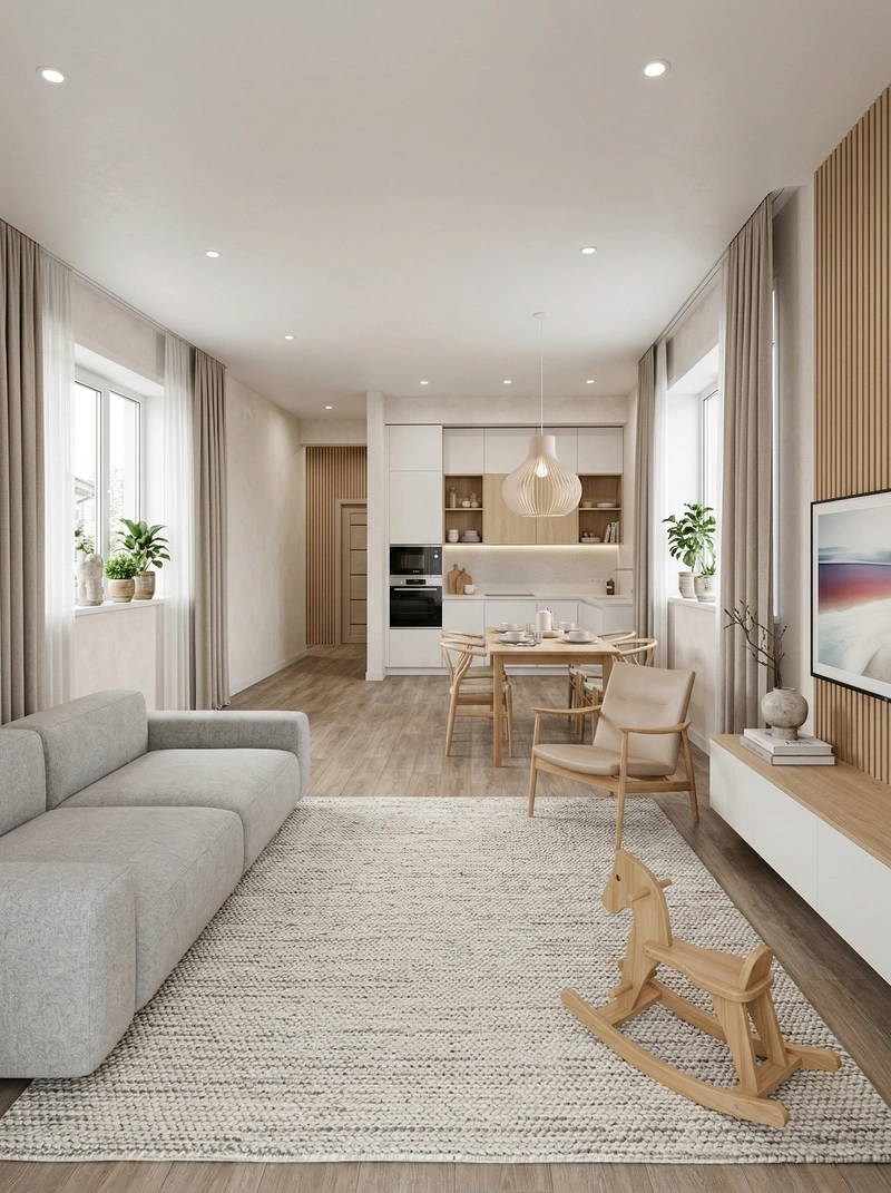 Дизайн гостиной в стиле Сканди — фото интерьера от нейросети RoomGPT