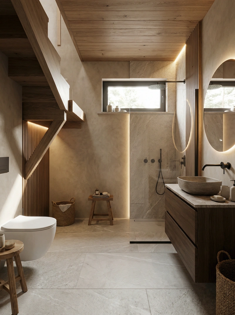Дизайн ванной в стиле Japandi — фото интерьера от нейросети RoomGPT