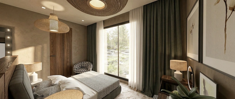 Дизайн спальни в стиле Контемпорари — фото интерьера от нейросети RoomGPT