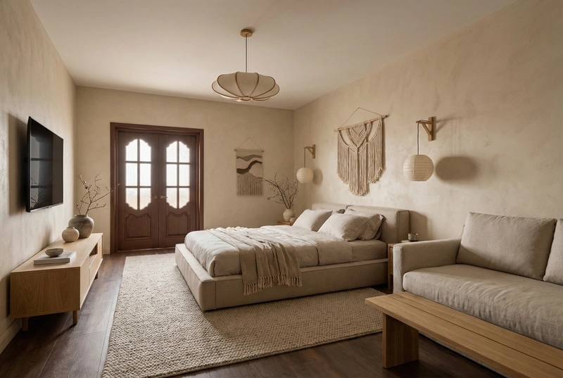 Дизайн спальни в стиле Japandi — фото интерьера от нейросети RoomGPT