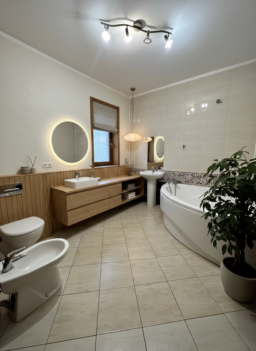 Дизайн ванной в стиле Japandi — фото интерьера от нейросети RoomGPT