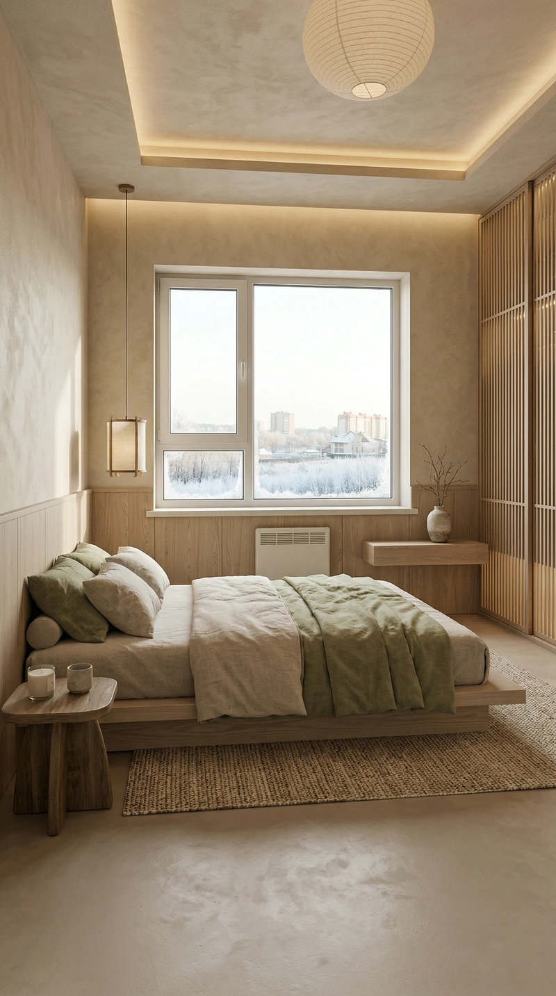 Дизайн спальни в стиле Japandi — фото интерьера от нейросети RoomGPT