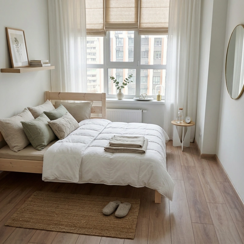 Дизайн спальни в стиле Сканди — фото интерьера от нейросети RoomGPT