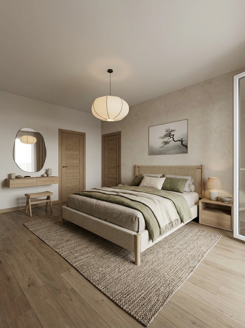 Дизайн спальни в стиле Japandi — фото интерьера от нейросети RoomGPT