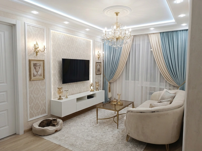 Дизайн интерьера в стиле Неоклассика — Гостиная от нейросети RoomGPT