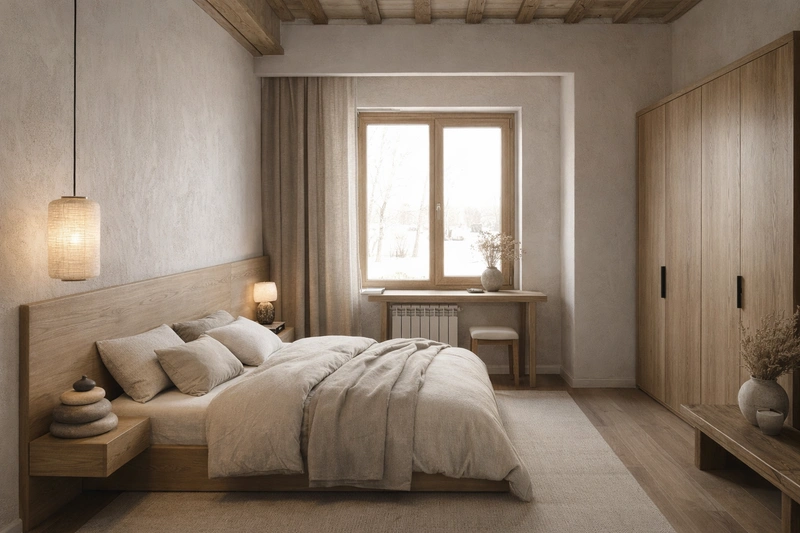 Дизайн спальни в стиле Japandi — фото интерьера от нейросети RoomGPT