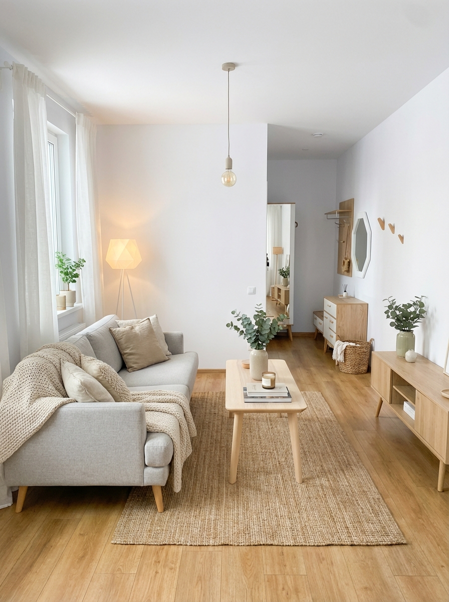 Дизайн гостиной в стиле Хюгге — фото интерьера от нейросети RoomGPT