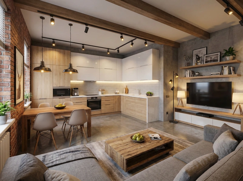 Дизайн гостиной в стиле Лофт — фото интерьера от нейросети RoomGPT