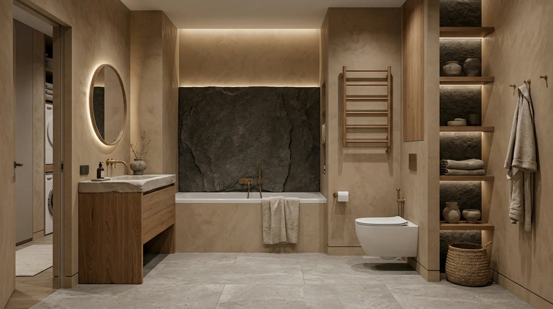 Дизайн ванной в стиле Japandi — фото интерьера от нейросети RoomGPT