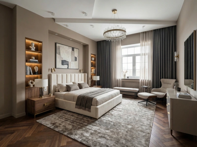 Дизайн спальни в стиле Контемпорари — фото интерьера от нейросети RoomGPT