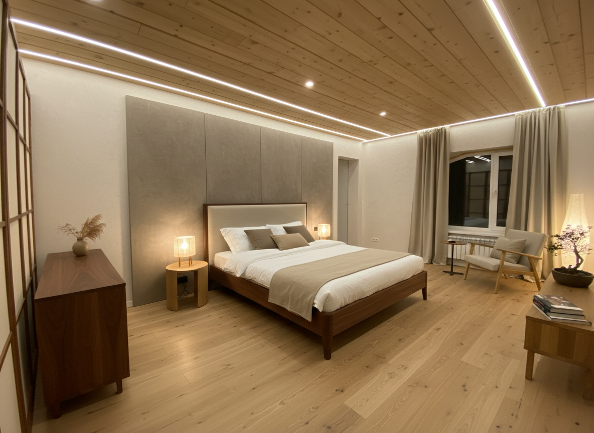 Дизайн спальни в стиле Japandi — фото интерьера от нейросети RoomGPT