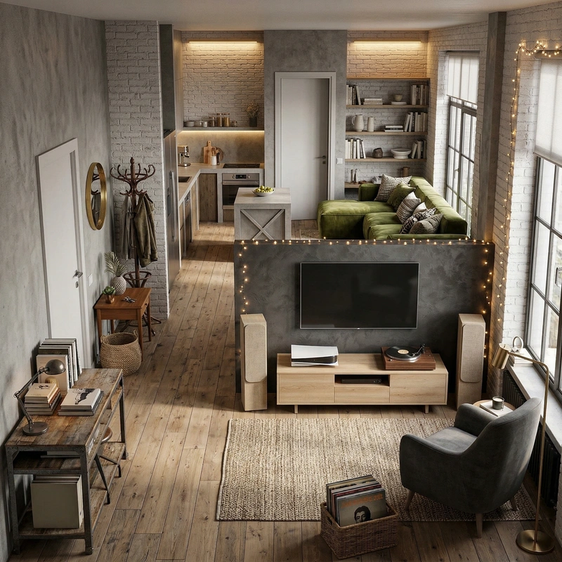 Дизайн гостиной в стиле Лофт — фото интерьера от нейросети RoomGPT