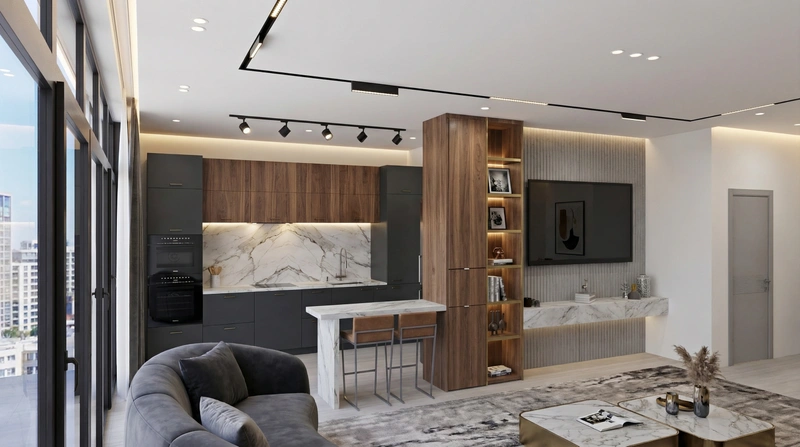 Дизайн интерьера в стиле Контемпорари — Гостиная от нейросети RoomGPT