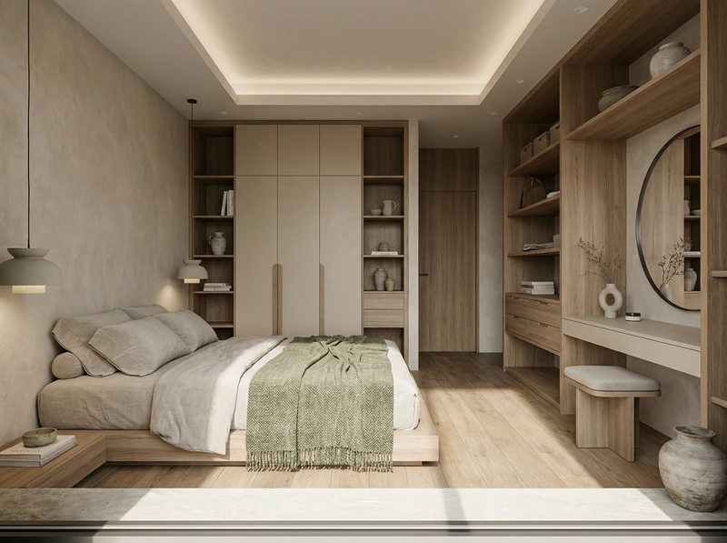 Дизайн спальни в стиле Japandi — фото интерьера от нейросети RoomGPT