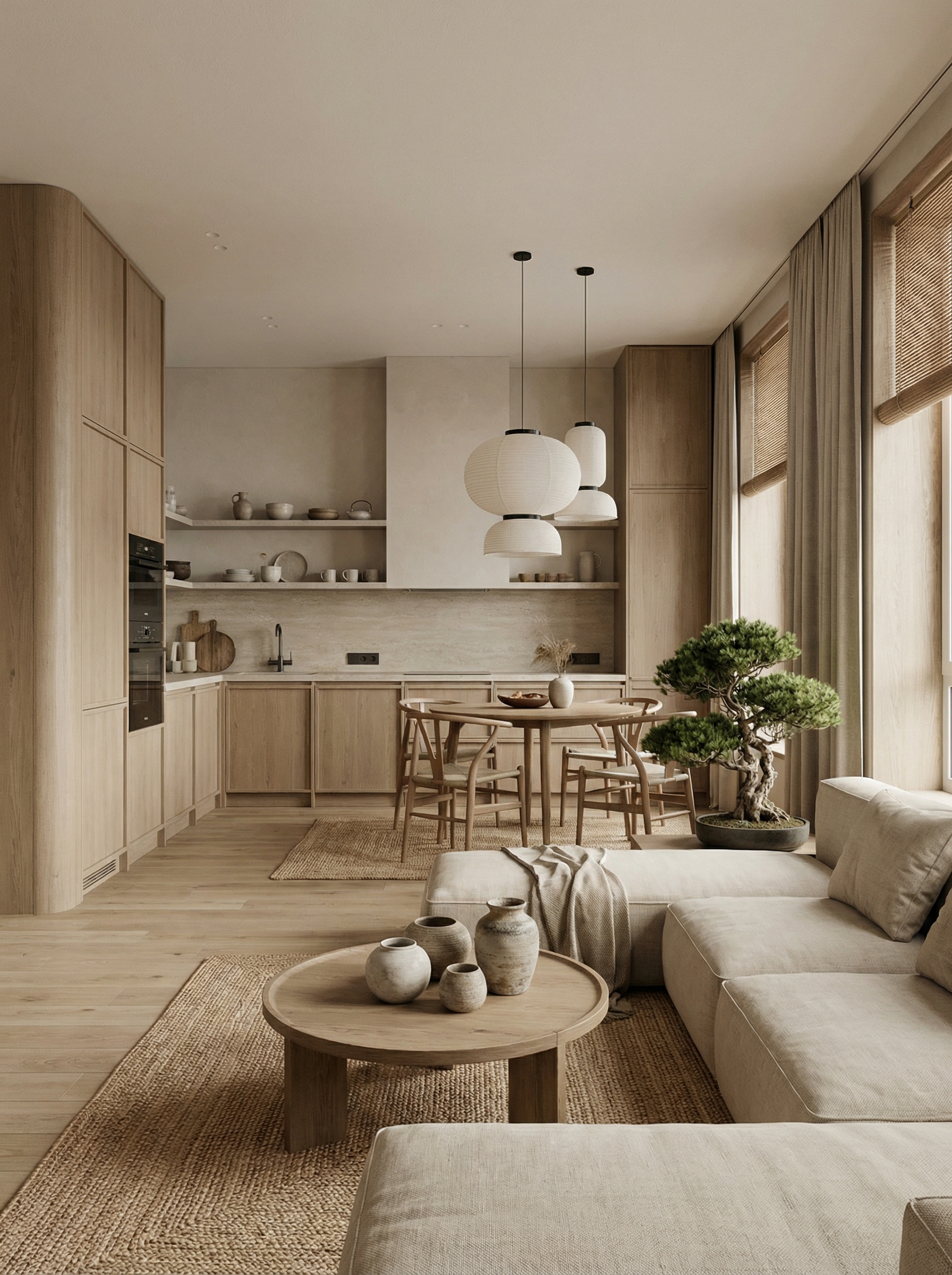 Дизайн гостиной в стиле Japandi — фото интерьера от нейросети RoomGPT