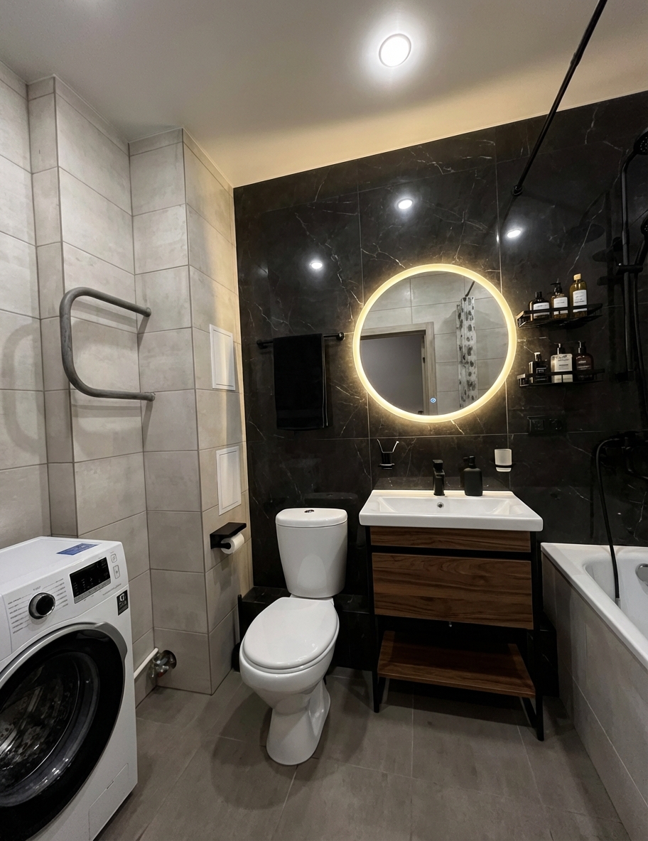 Дизайн ванной в стиле Блэктэк — фото интерьера от нейросети RoomGPT