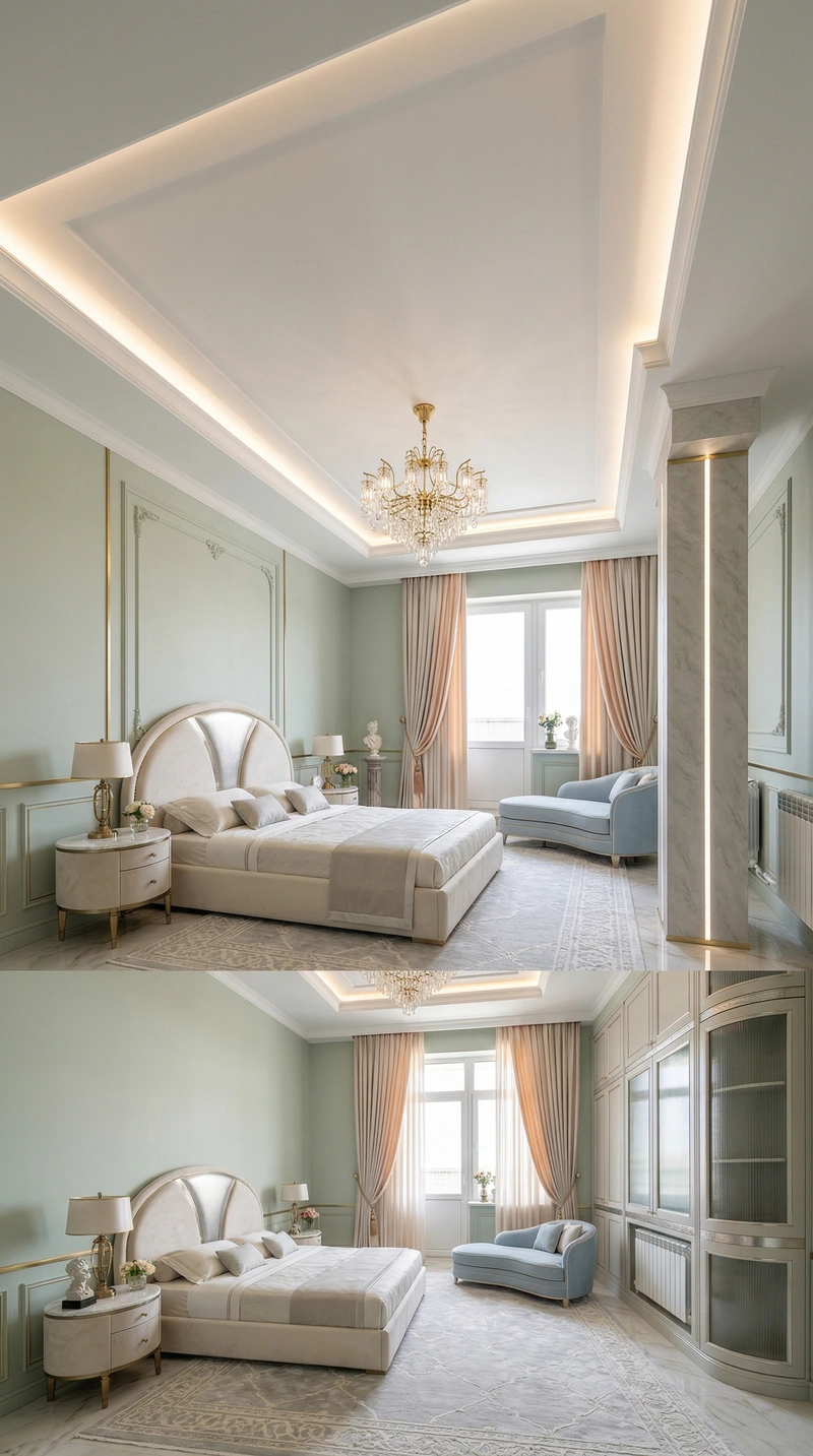 Дизайн спальни в стиле Неоклассика — фото интерьера от нейросети RoomGPT