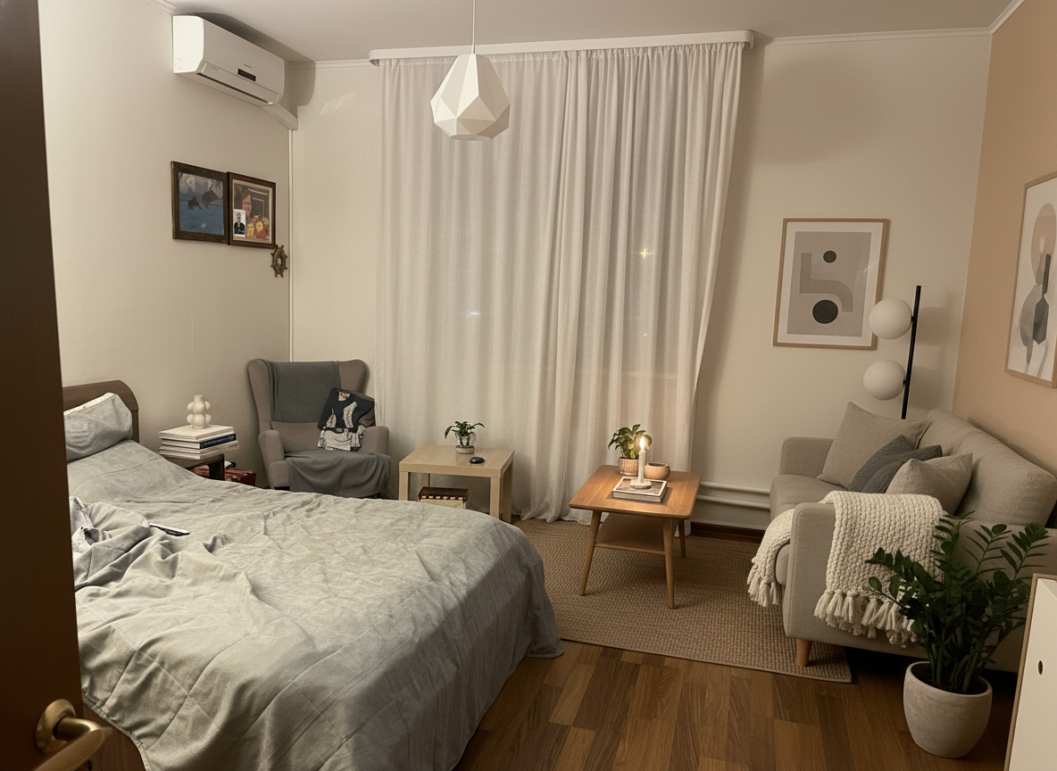 Дизайн гостиной в стиле Хюгге — фото интерьера от нейросети RoomGPT