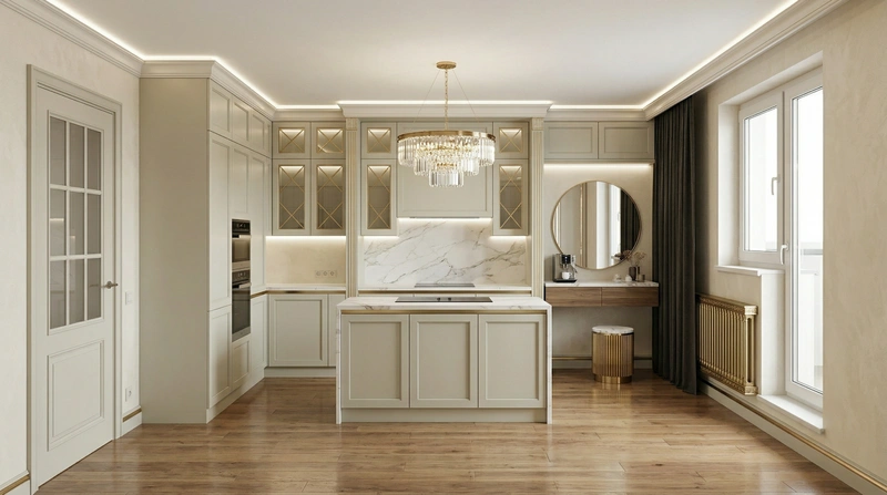 Дизайн кухни в стиле Неоклассика — фото интерьера от нейросети RoomGPT