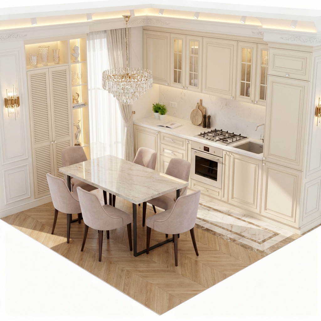 Дизайн кухни в стиле Классика — фото интерьера от нейросети RoomGPT