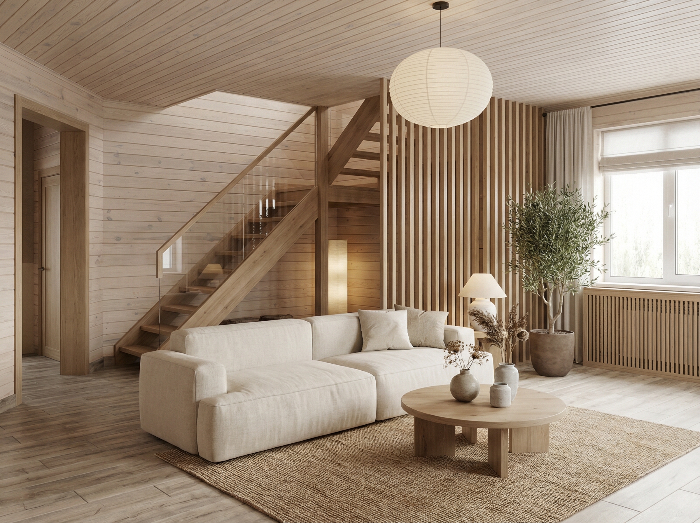 Дизайн гостиной в стиле Japandi — фото интерьера от нейросети RoomGPT