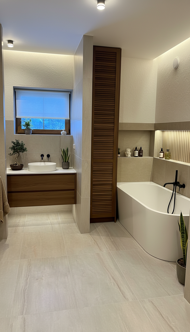 Дизайн ванной в стиле Japandi — фото интерьера от нейросети RoomGPT