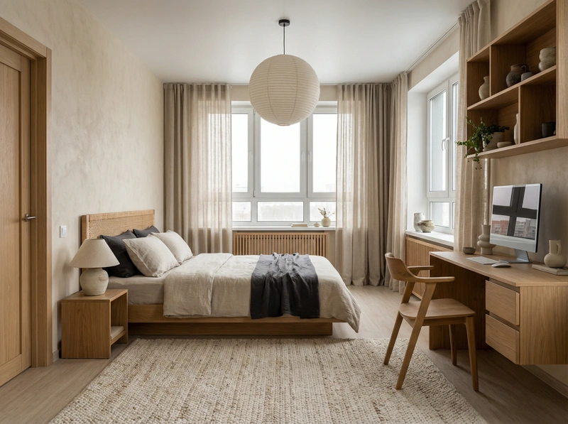 Дизайн спальни в стиле Japandi — фото интерьера от нейросети RoomGPT