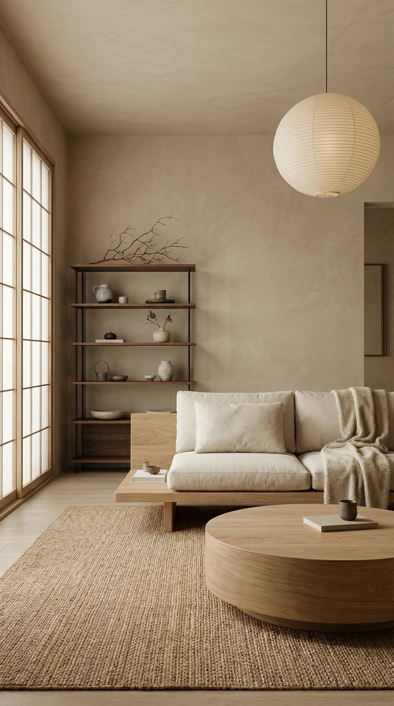 Дизайн гостиной в стиле Japandi — фото интерьера от нейросети RoomGPT