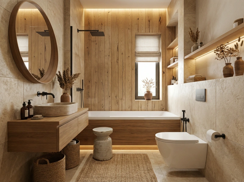 Дизайн ванной в стиле Japandi — фото интерьера от нейросети RoomGPT