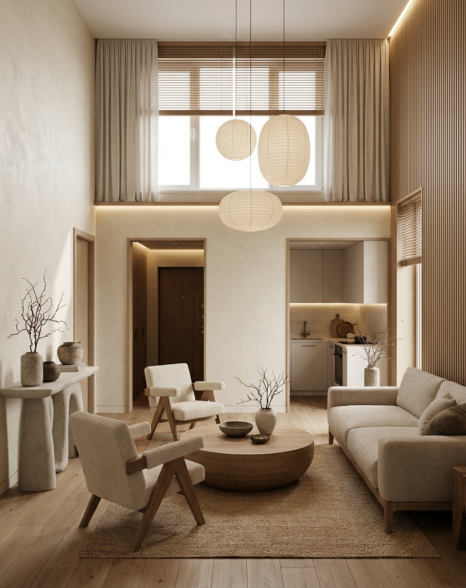 Дизайн гостиной в стиле Japandi — фото интерьера от нейросети RoomGPT