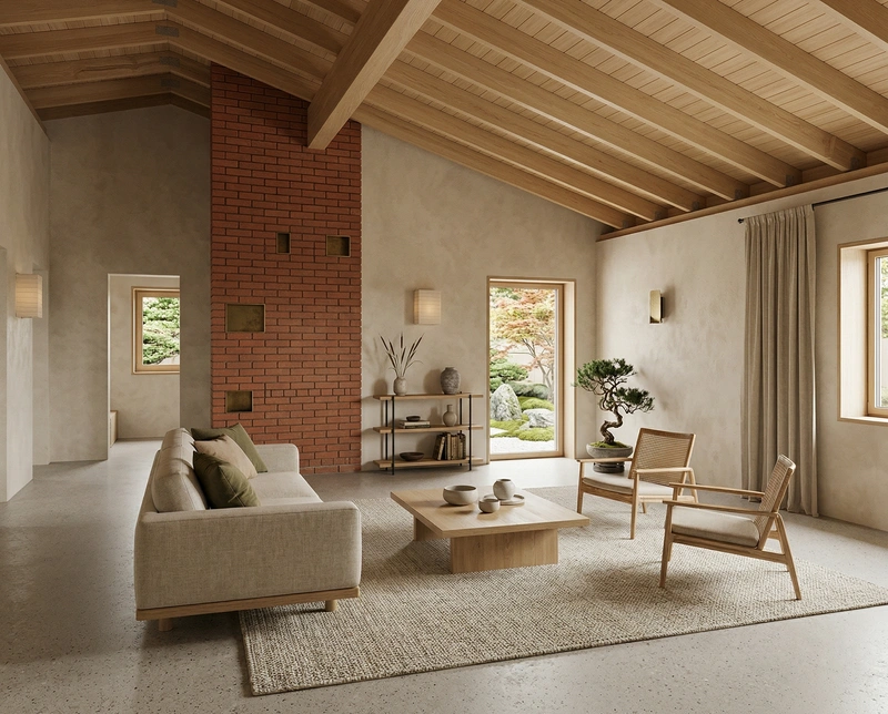 Дизайн гостиной в стиле Japandi — фото интерьера от нейросети RoomGPT