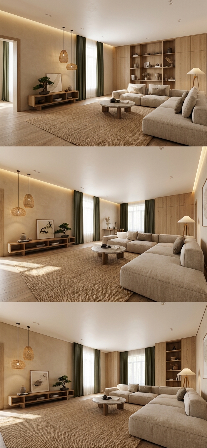 Дизайн гостиной в стиле Japandi — фото интерьера от нейросети RoomGPT