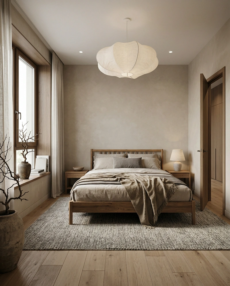 Дизайн спальни в стиле Japandi — фото интерьера от нейросети RoomGPT