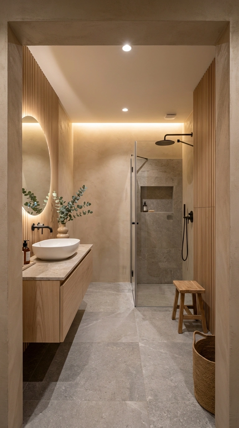 Дизайн ванной в стиле Japandi — фото интерьера от нейросети RoomGPT
