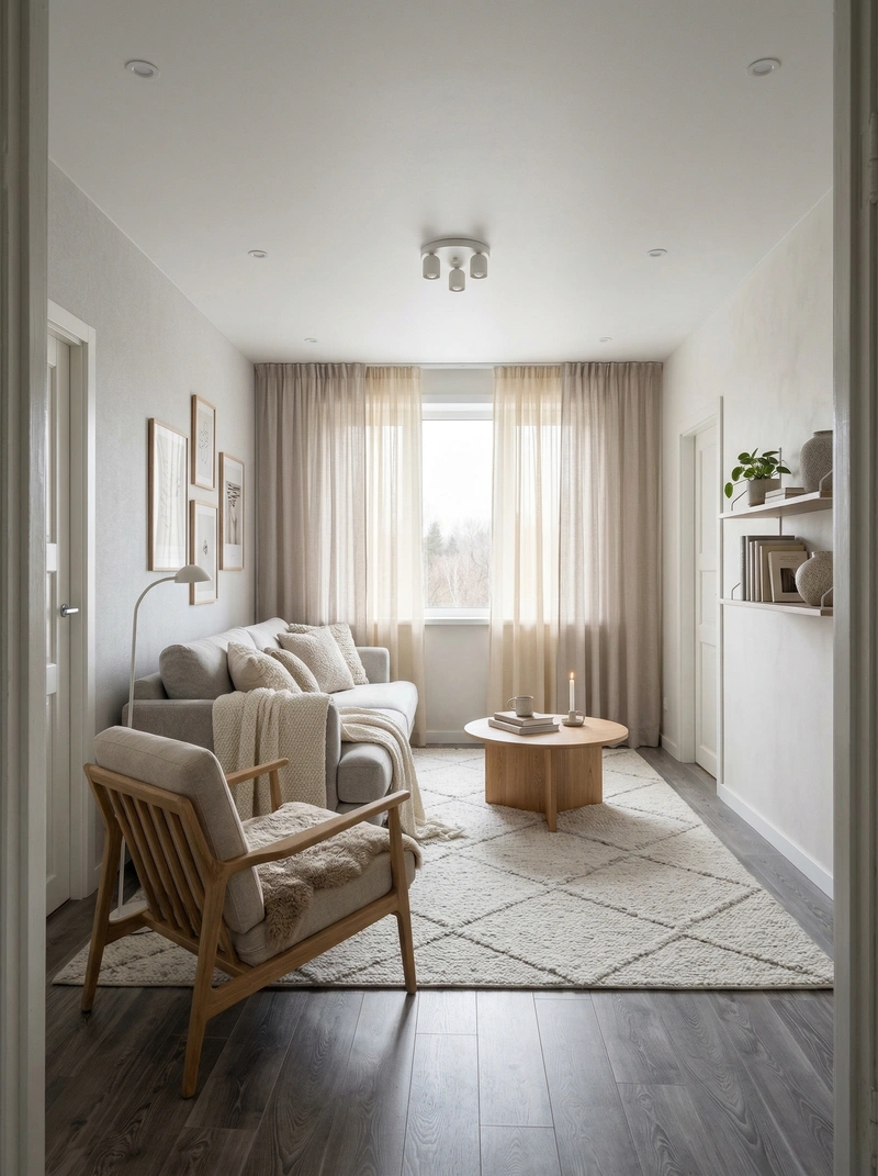 Дизайн гостиной в стиле Хюгге — фото интерьера от нейросети RoomGPT