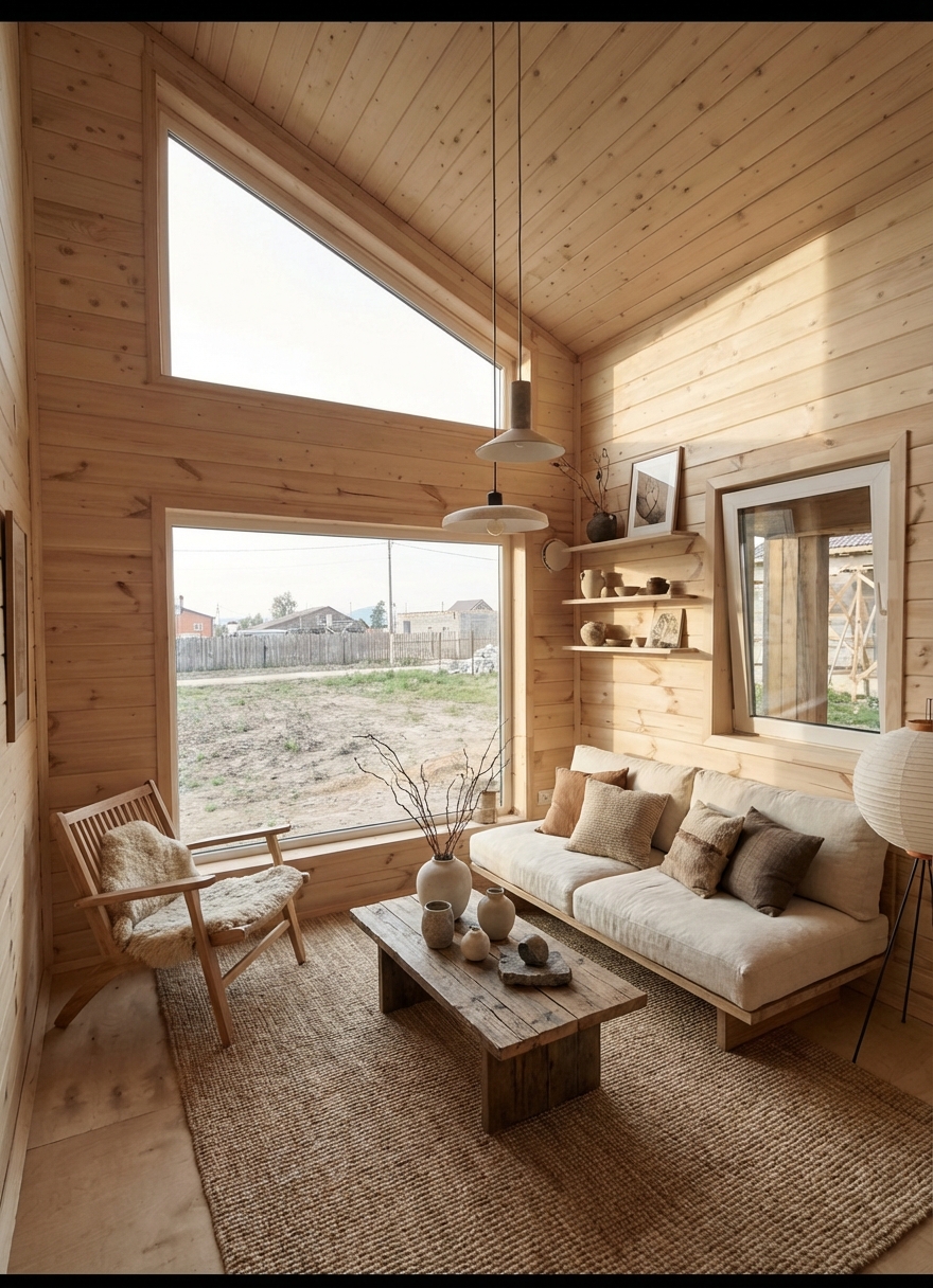 Дизайн гостиной в стиле Japandi — фото интерьера от нейросети RoomGPT