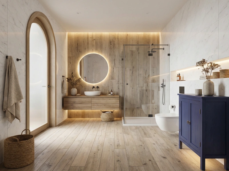 Дизайн ванной в стиле Japandi — фото интерьера от нейросети RoomGPT