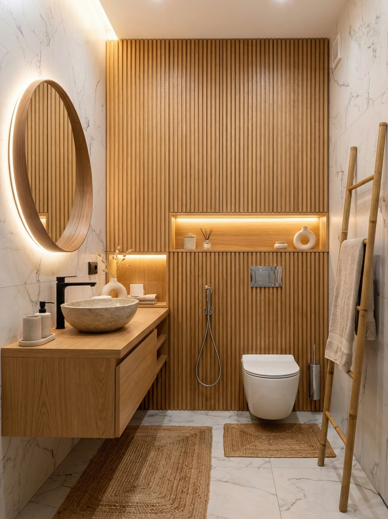 Дизайн ванной в стиле Japandi — фото интерьера от нейросети RoomGPT