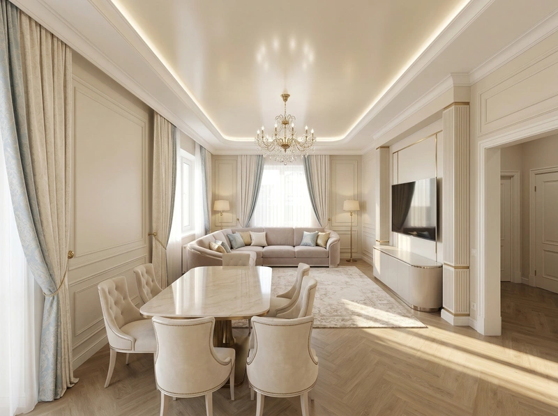 Дизайн гостиной в стиле Неоклассика — фото интерьера от нейросети RoomGPT