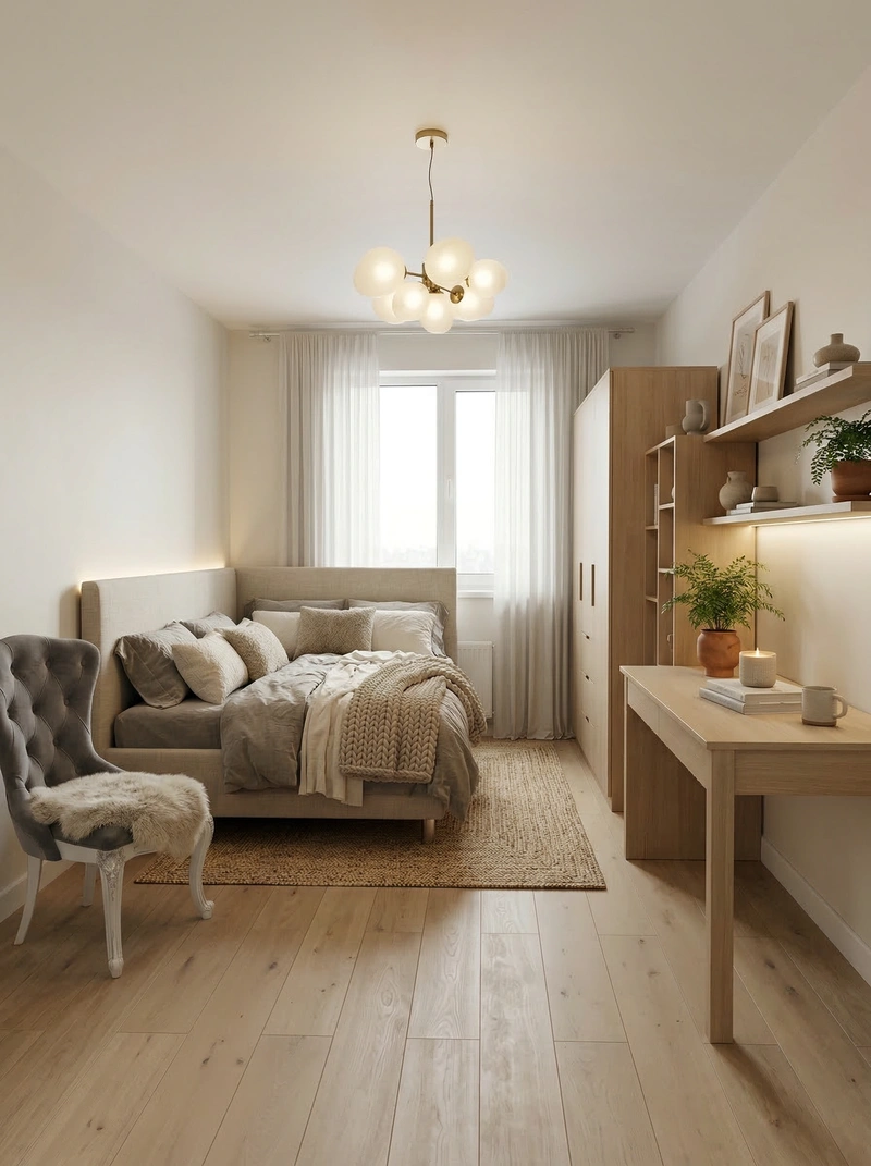 Дизайн спальни в стиле Хюгге — фото интерьера от нейросети RoomGPT